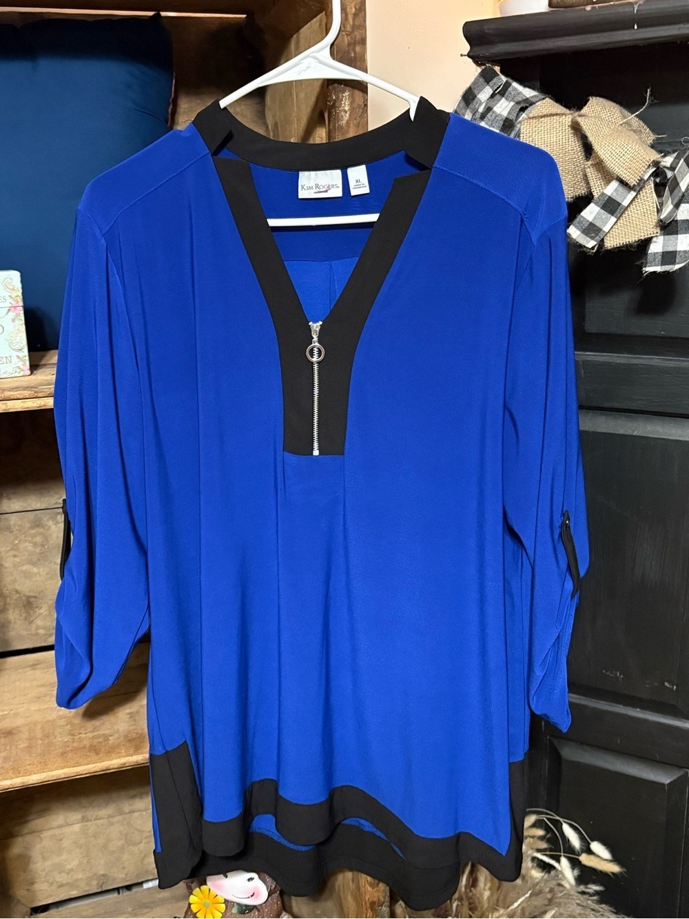 Kim Rogers Royal Blue & Black Zip Blouse XL Business Casual Office Chic - Picture 2 of 8